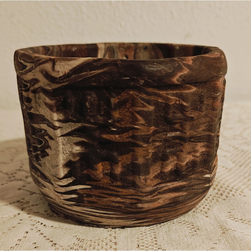 VTG Comanche Art Pottery Earth Toned Rib Swirl 5x4  Bowl Artist Signed